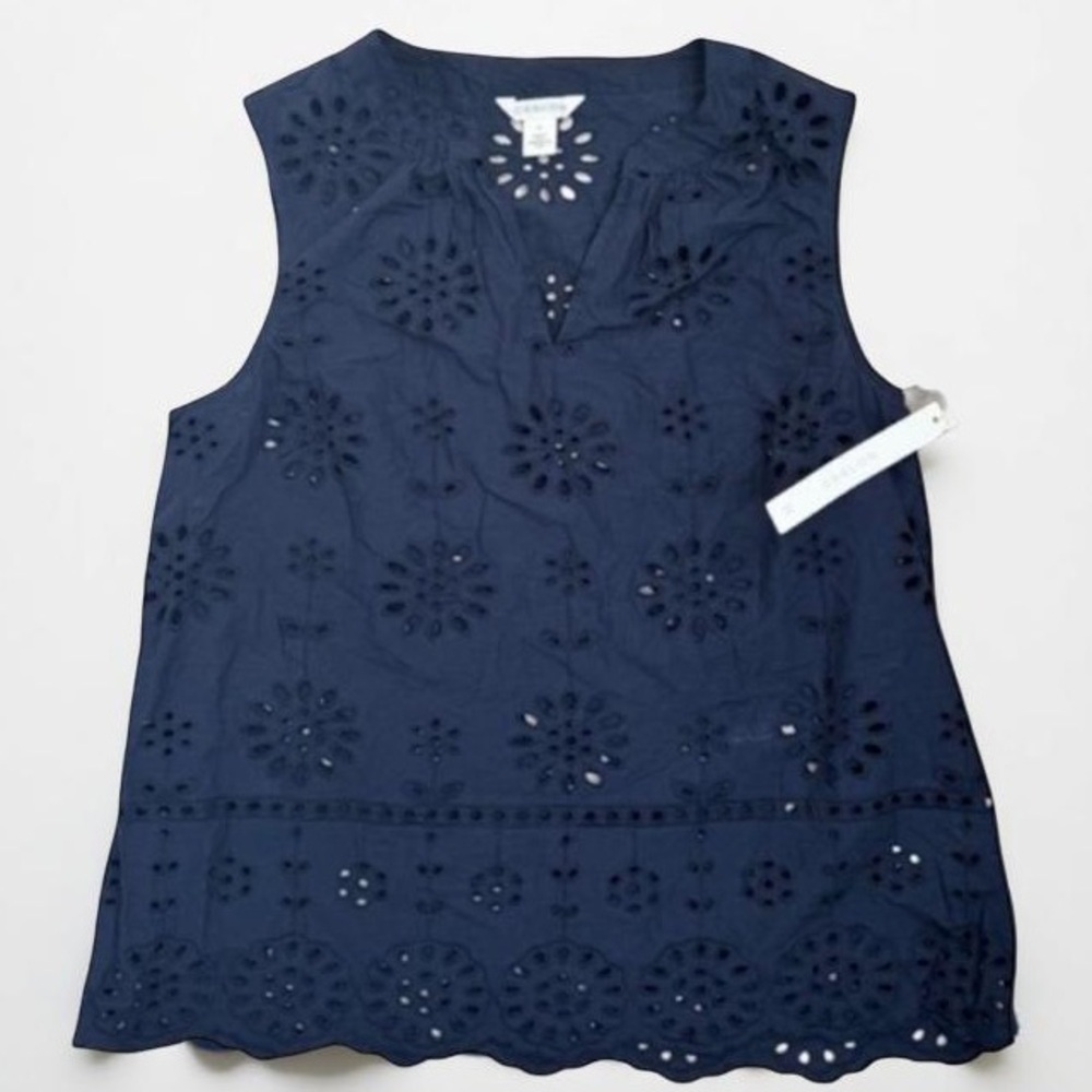 Caslon Sleeveless Top Womens Size S Navy Blue Eyelet V-Neck Floral